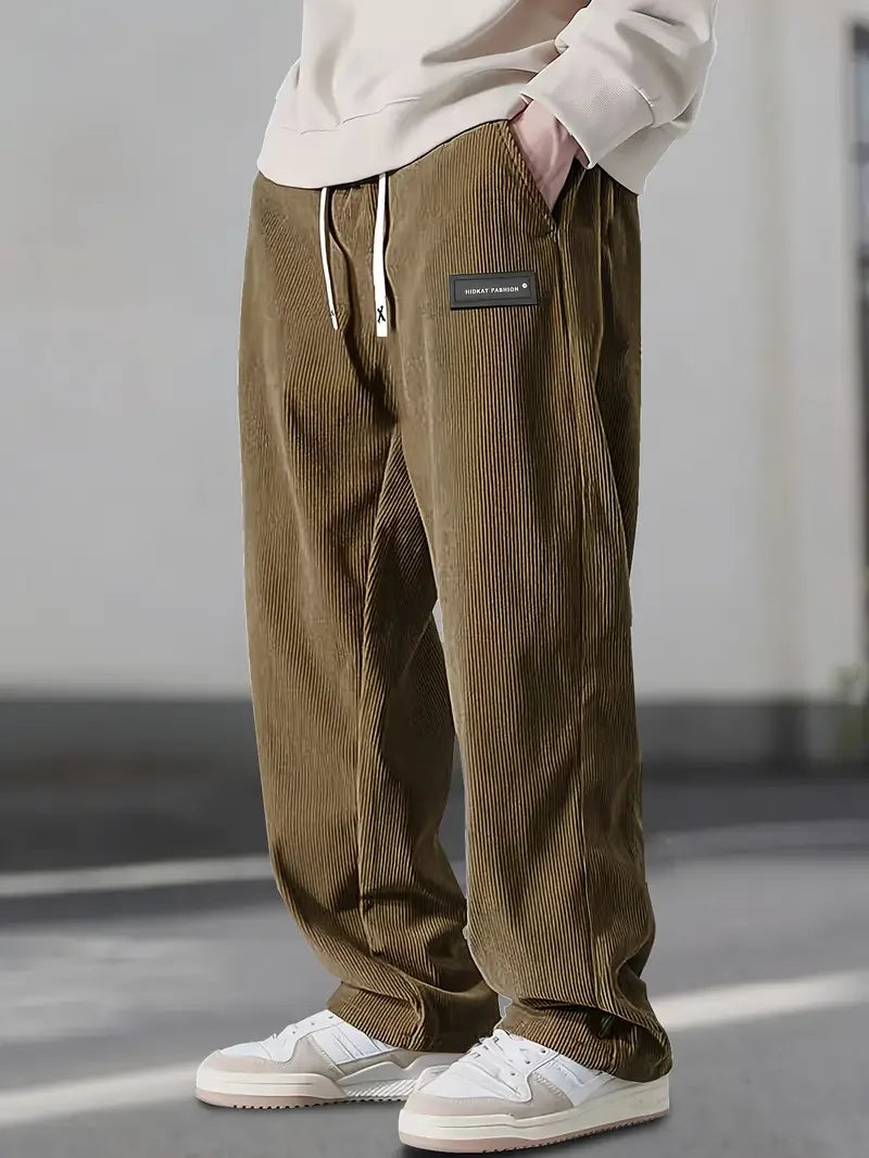 2025 Autumn Winter Men's Casual Pants Striped Corduroy Loose Fashion Cargo Straight Pants Fitness Sports Hip Hop Pants