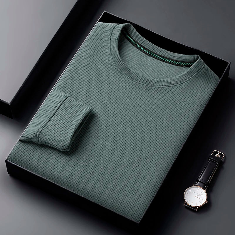 Men's Casual Waffle Round Neck T-shirt Breathable, Comfortable, and Fashionable Long Sleeved T-shirt