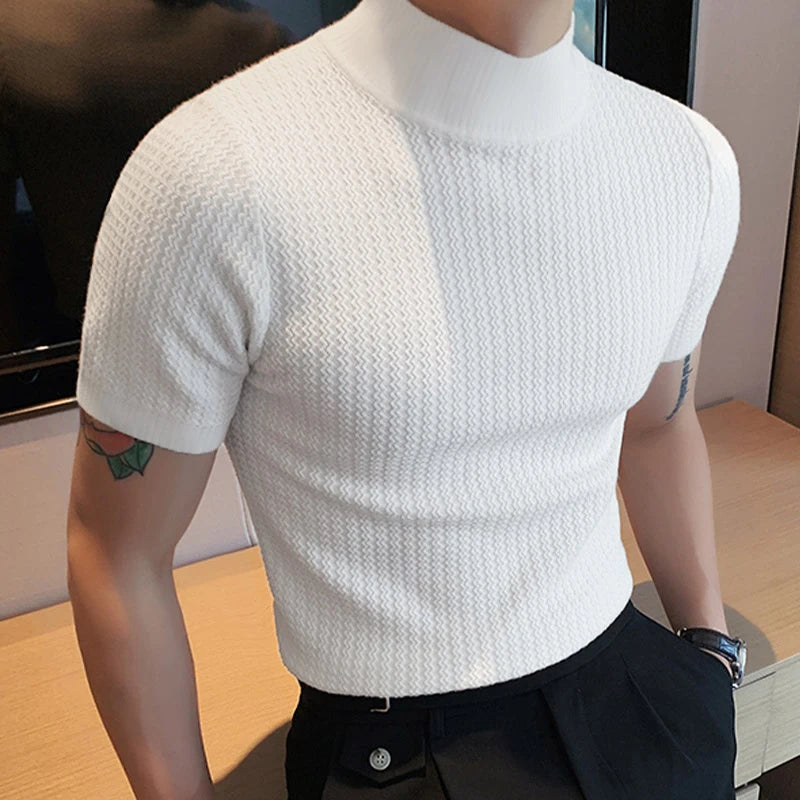 Tight T-shirt Casual Streetwear Textured High-neck Solid