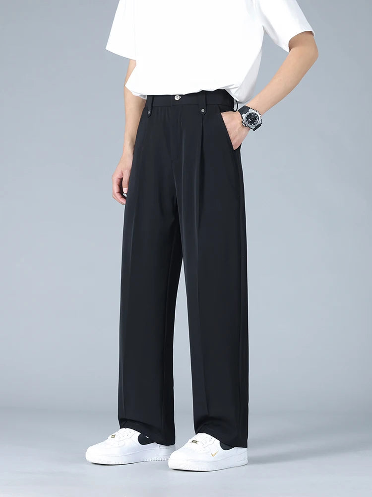 Summer Men's Pants Big Size Light Cool Polyester Straight Suit Pants Loose Fit Banding Slacks Men Business Casual Trousers 8XL