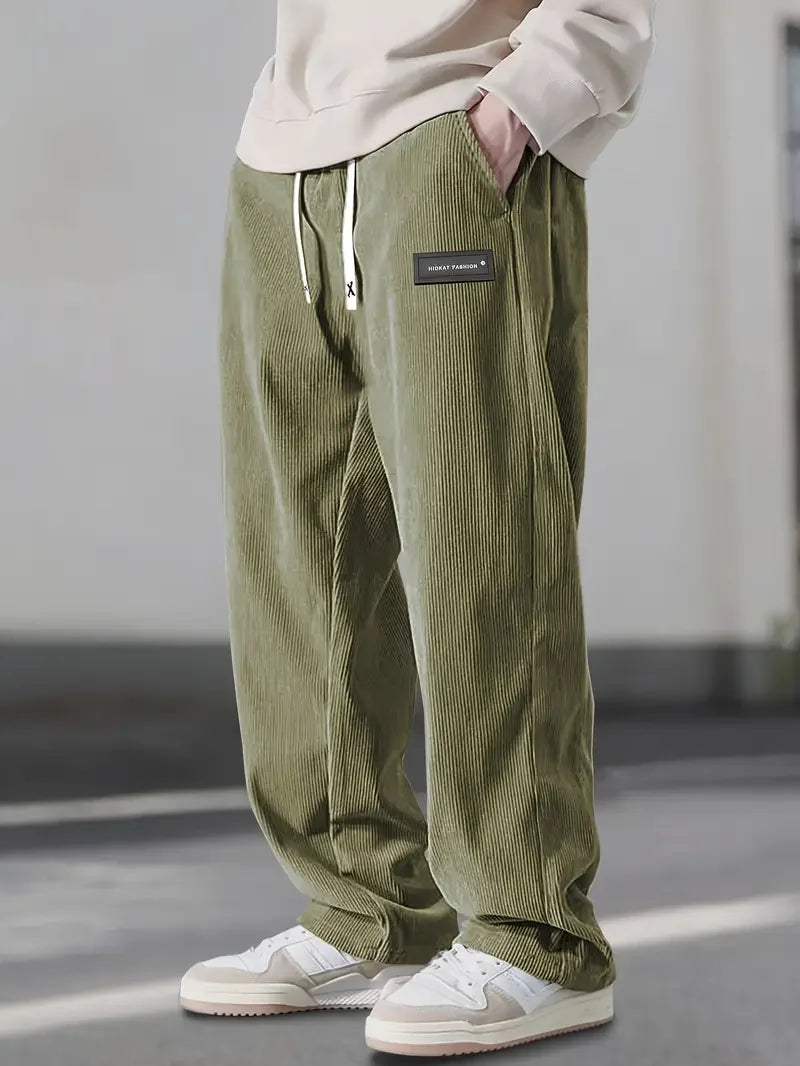 2025 Autumn Winter Men's Casual Pants Striped Corduroy Loose Fashion Cargo Straight Pants Fitness Sports Hip Hop Pants