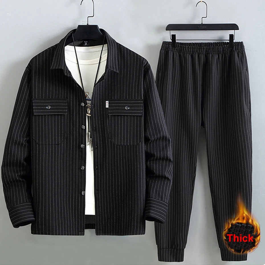Men's Stripe Sets Plus Size 10XL 11XL Cargo Shirts Pants Male Autumn Winter Thick Suits Fashion Casual Jacket Sets Big Size 10XL