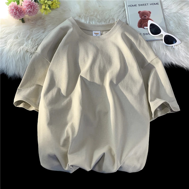 Summer Men's Heavy T Shirt Casual Solid Short Sleeve Basic Tee Women 100% Cotton 260gsm 9.17oz Oversized O Neck Hip-Hop Tops