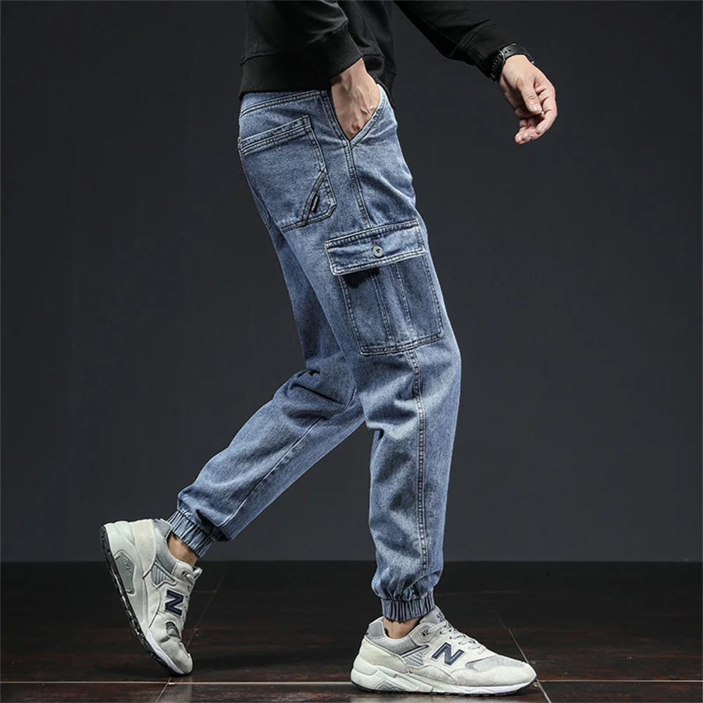 Spring Summer Black Blue Cargo Jeans Men Streetwear Denim Jogger Pants Men Baggy Harem Jean Trousers Harem Jean Trousers