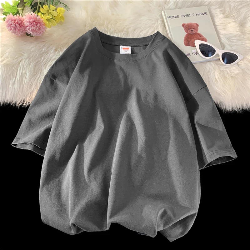 Summer Men's Heavy T Shirt Casual Solid Short Sleeve Basic Tee Women 100% Cotton 260gsm 9.17oz Oversized O Neck Hip-Hop Tops
