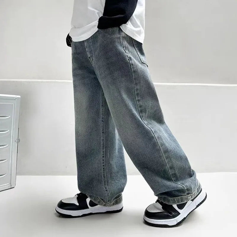 Boys Spring Jeans Children's Fashion Pants Autumn New Straight Trousers Kids Casual Loose Elastic Denim 2025 Teens Cotton Bottom