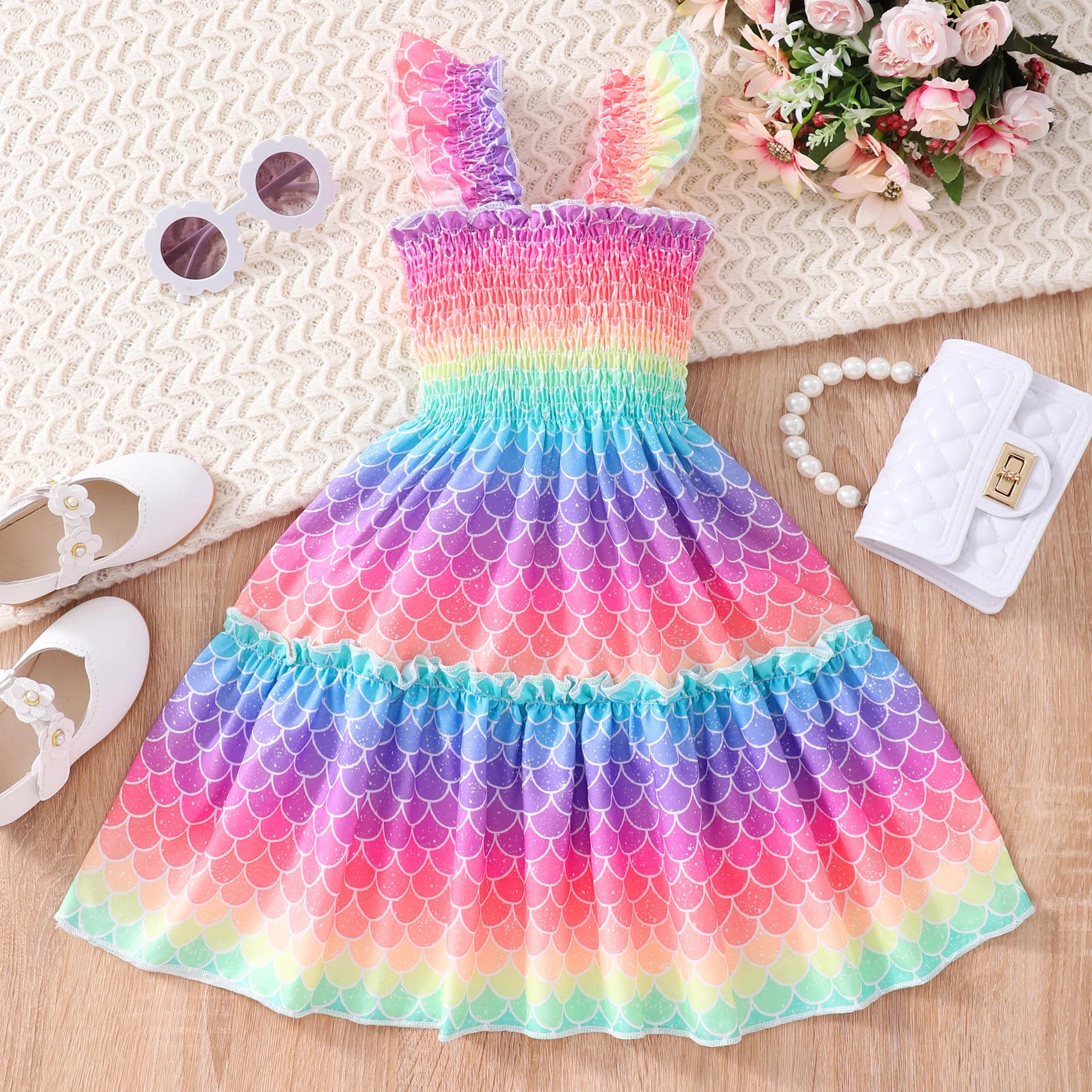 Mermaid Butterfly Rainbow Short Sleeve Kids Dress