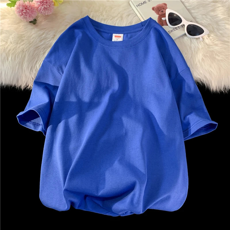 Summer Men's Heavy T Shirt Casual Solid Short Sleeve Basic Tee Women 100% Cotton 260gsm 9.17oz Oversized O Neck Hip-Hop Tops
