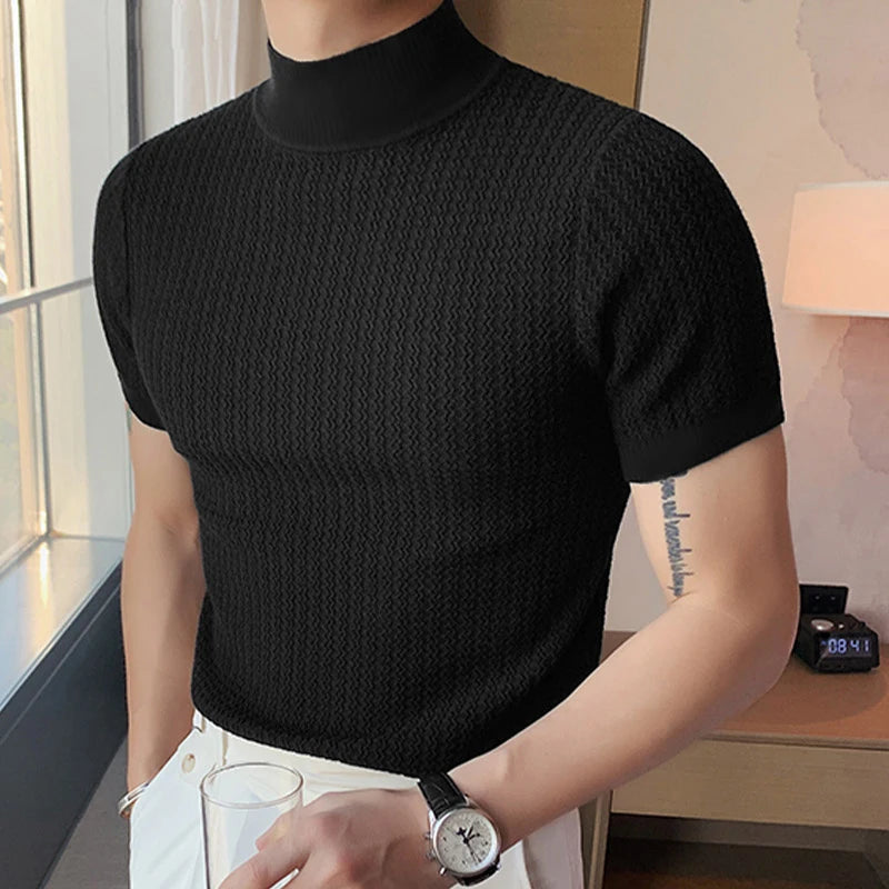Tight T-shirt Casual Streetwear Textured High-neck Solid