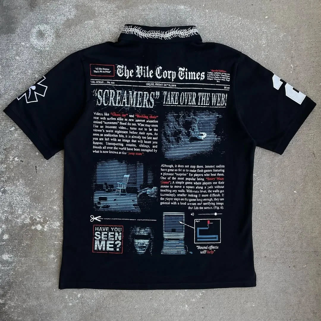 Gothic Harajuku Retro Streetwear Graphic Top Hip Hop Punk Casual Polo Shirt Men High Street Casual Cotton Lapel Short Sleeves