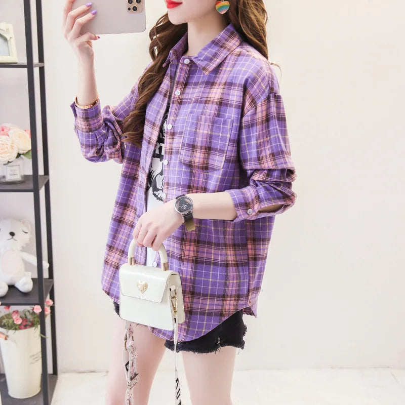 Casual Women's Plaid Shirt Loose Blouse and Tops