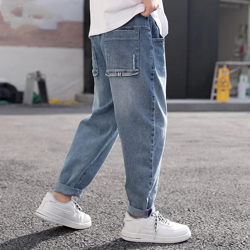IENENS Spring Light Blue Children's Jeans Boy Denim Trousers Kids Clothes Baby Boys Elastic Waist Pants Slim Jeans For Boy