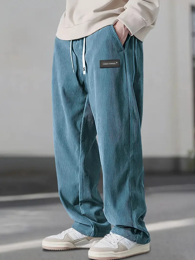 2025 Autumn Winter Men's Casual Pants Striped Corduroy Loose Fashion Cargo Straight Pants Fitness Sports Hip Hop Pants