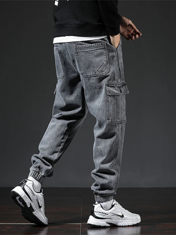 Spring Summer Black Blue Cargo Jeans Men Streetwear Denim Jogger Pants Men Baggy Harem Jean Trousers Harem Jean Trousers