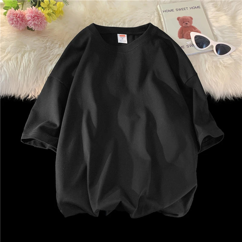 Summer Men's Heavy T Shirt Casual Solid Short Sleeve Basic Tee Women 100% Cotton 260gsm 9.17oz Oversized O Neck Hip-Hop Tops
