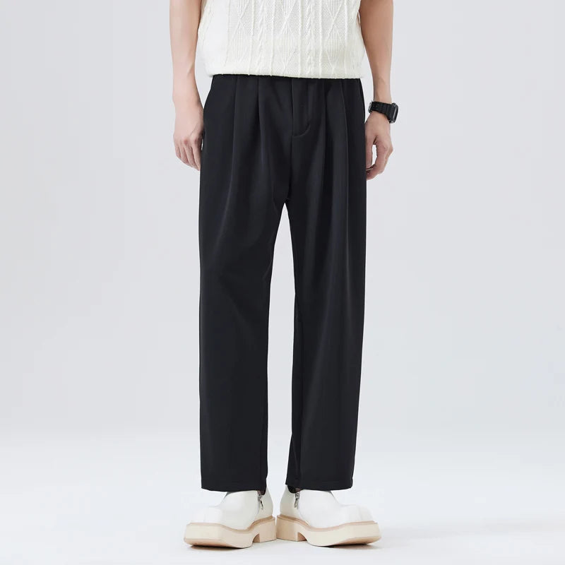 Spring Summer Casual Pant Men Elastic Waist Loose Casual Wide Leg Ankle-length Suit Pant Man Vintage Baggy Pants Trousers