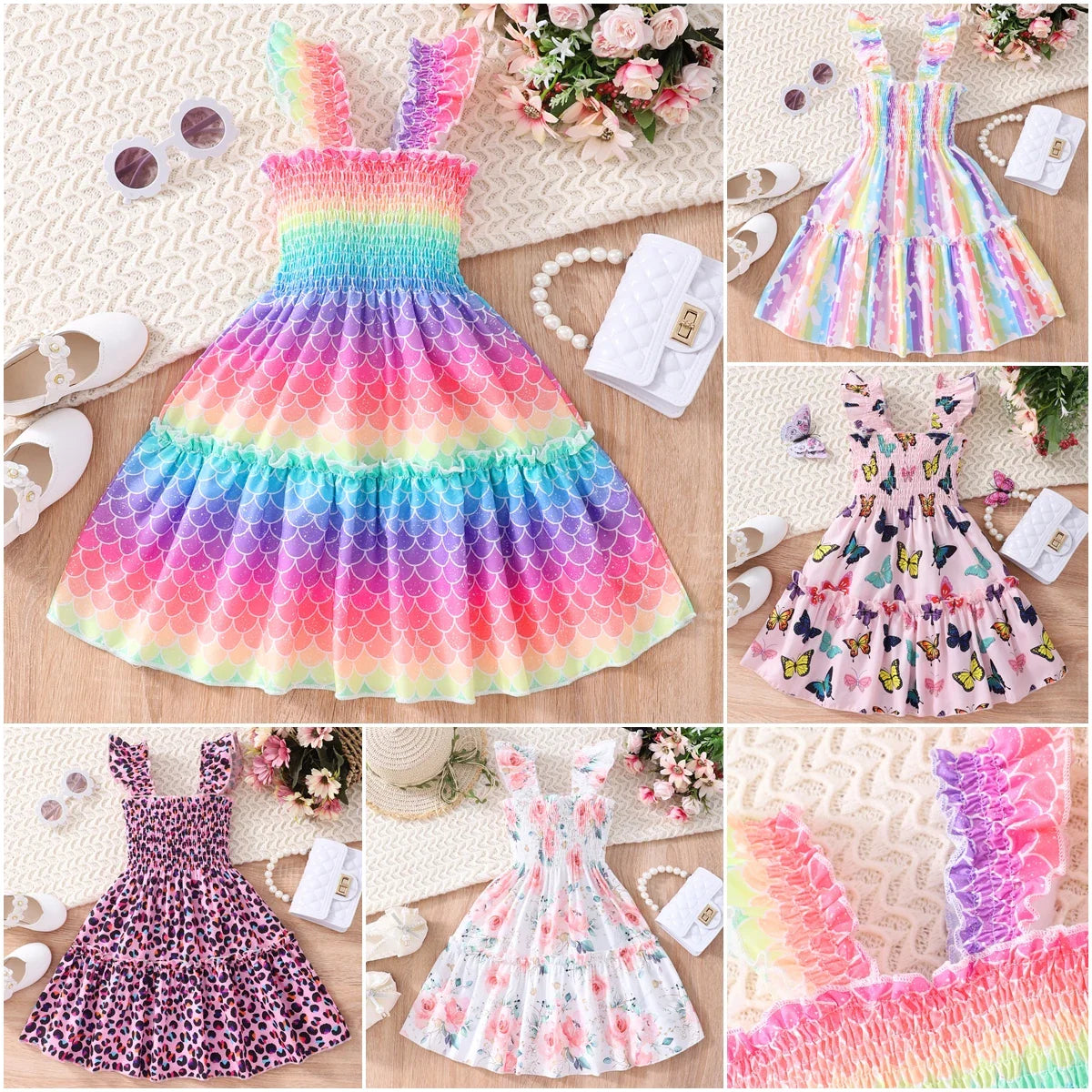 Mermaid Butterfly Rainbow Short Sleeve Kids Dress