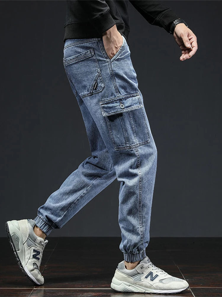 Spring Summer Black Blue Cargo Jeans Men Streetwear Denim Jogger Pants Men Baggy Harem Jean Trousers Harem Jean Trousers