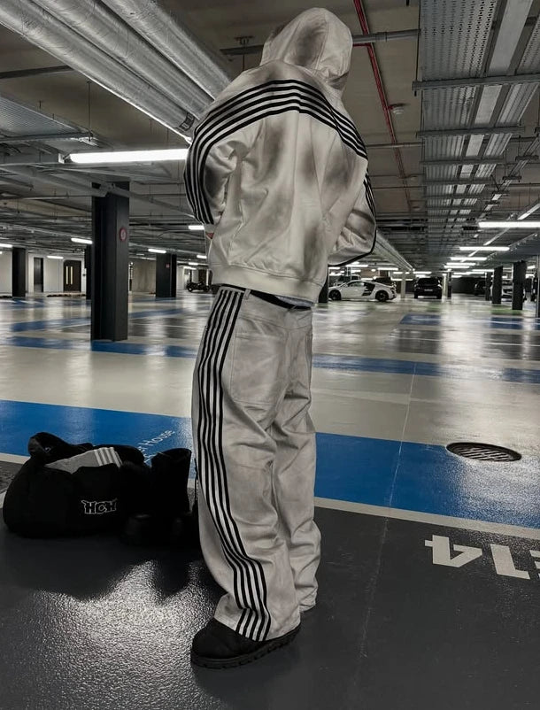 HCW Striped Zipper Hoodie Sweatpants Two Piece Set Y2K Sportswear Mens Letter Stripe Embroidery Oversized Sweatshirt Pants Set