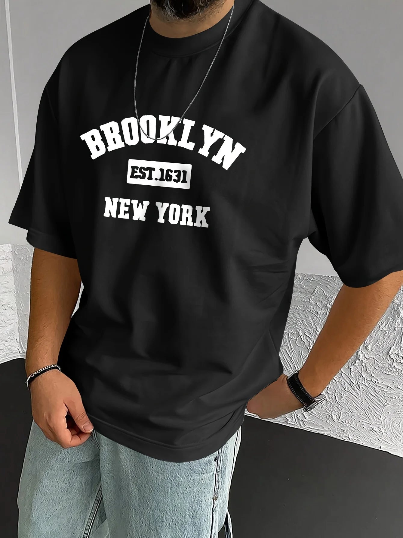 Men's summer 100% pure cotton fashionable casual loose sports Brooklyn pattern printed round neck short sleeved T-shirt top
