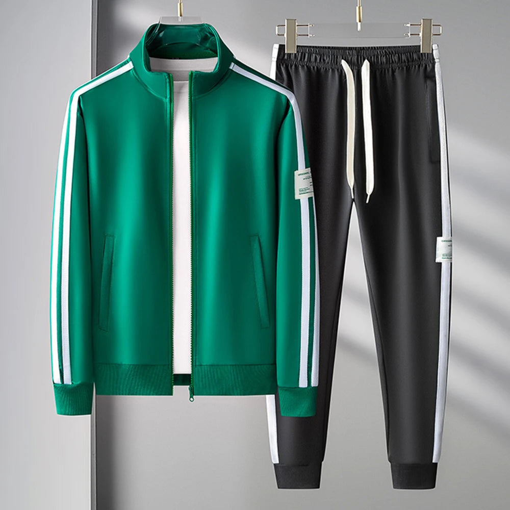 Mens Casual Striped Contrast Sports Suit Mens Two-Piece Cardigan Zipper Sportswear Spring And Autumn Mens Sportswear Sports Suit
