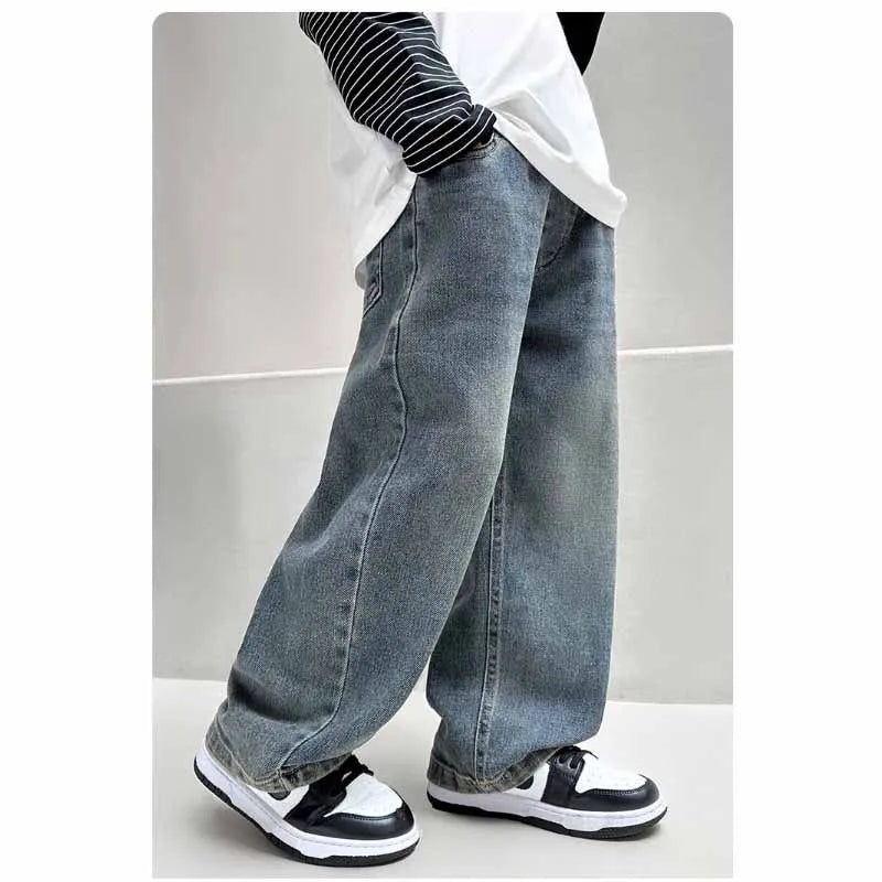 Boys Spring Jeans Children's Fashion Pants Autumn New Straight Trousers Kids Casual Loose Elastic Denim 2025 Teens Cotton Bottom