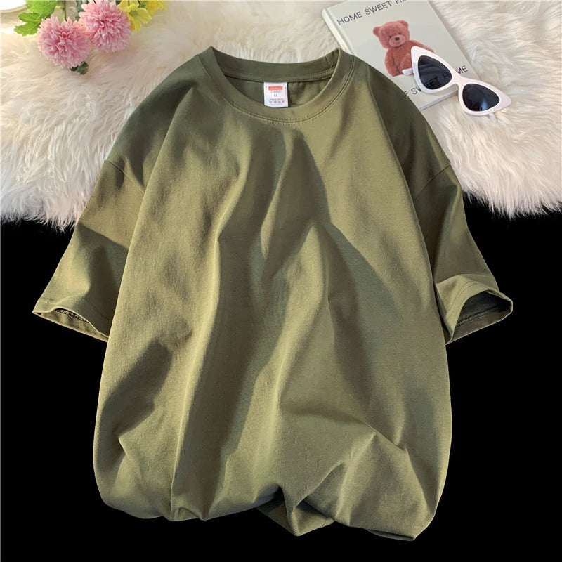 Summer Men's Heavy T Shirt Casual Solid Short Sleeve Basic Tee Women 100% Cotton 260gsm 9.17oz Oversized O Neck Hip-Hop Tops