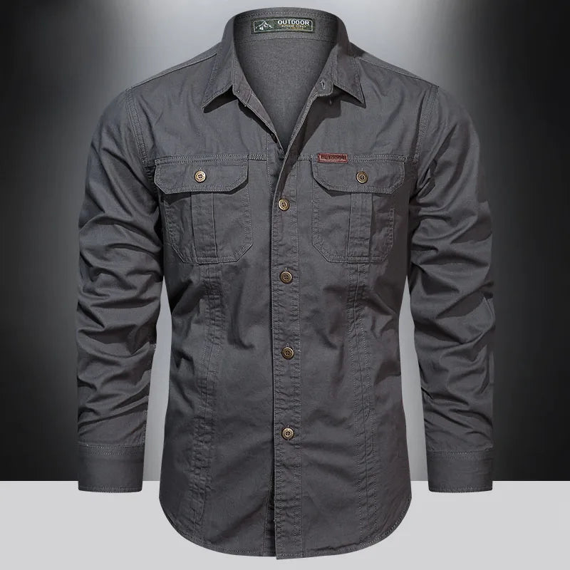 Men Long Sleeve Casual Cotton Cargo Shirt